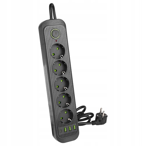 Przedłużacz czarny 5x230V + 3xUSB-A + 1xUSB-C z przewodem 2m