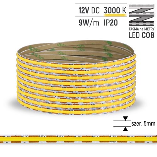 Taśma LED COB 5mm 400 LED 9W Ciepła