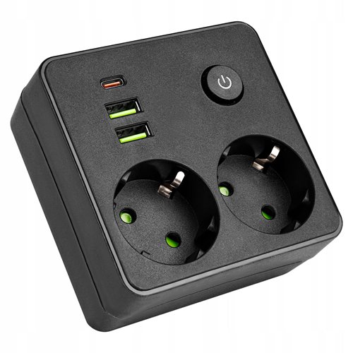 Rozgałęźnik czarny 2x230V + 2xUSB-A + 1xUSB-C