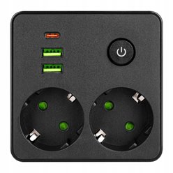 Rozgałęźnik czarny 2x230V + 2xUSB-A + 1xUSB-C