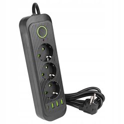 Przedłużacz czarny 3x230V + 3xUSB-A + 1xUSB-C z przewodem 2m